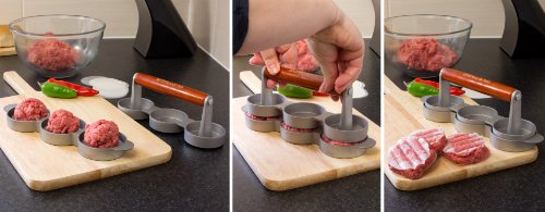 Andrew James - Dreifach Hamburgerpresse mit Holzgriff für 3 Mini Burger + 100 Wachsscheiben - Ideal für Sommer BBQs -Einfache Reinigung - 4